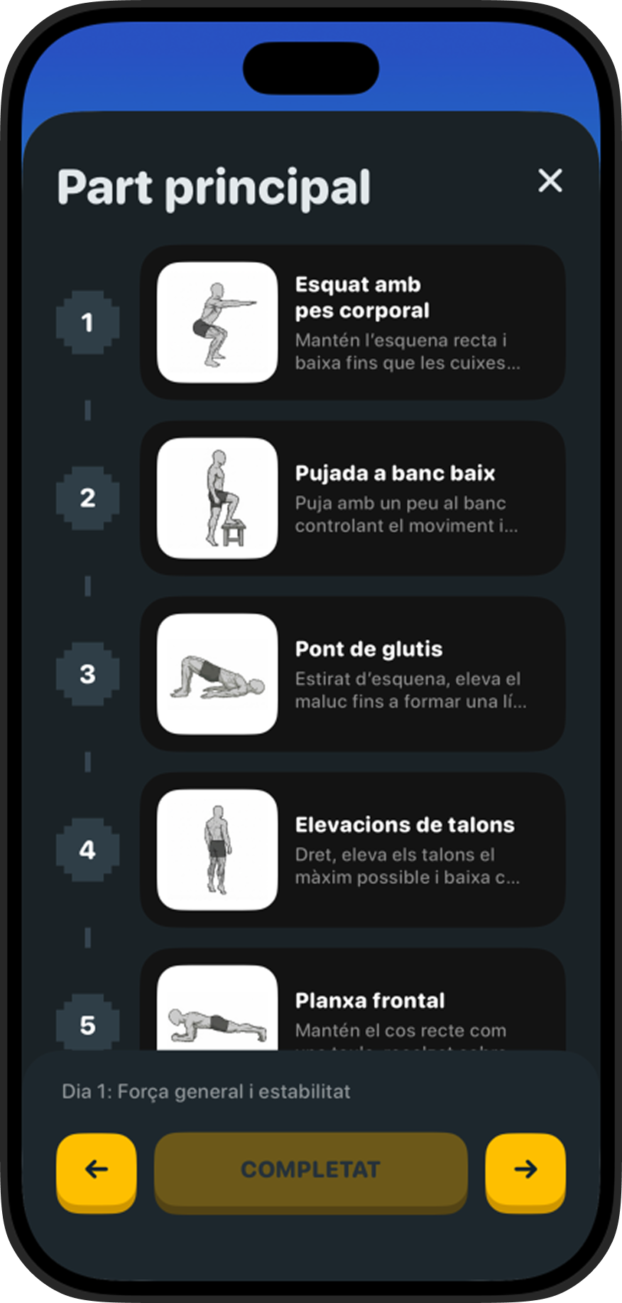 Pantalla de l'APP amb la llista d'exercicis