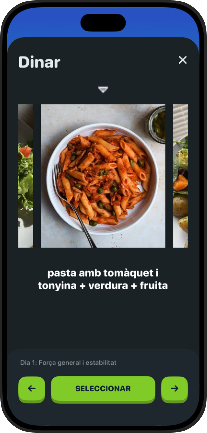 Pantalla de l'APP amb una opció de dinar